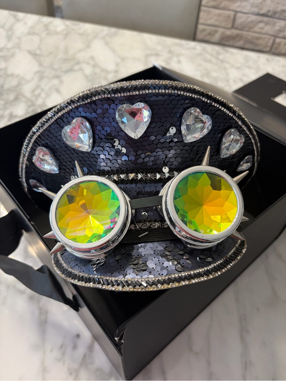 Black Sequin Heart Festival Captains Hat with Iridescent Goggles